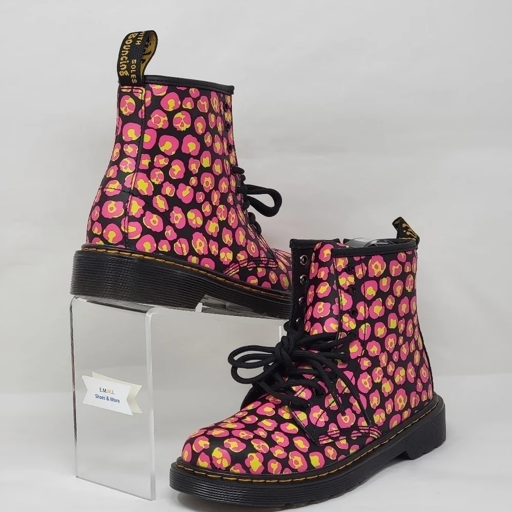 Dr Martens 1460 Pink Leopard Girls Hydro Leather Boots Youth Size 3 New